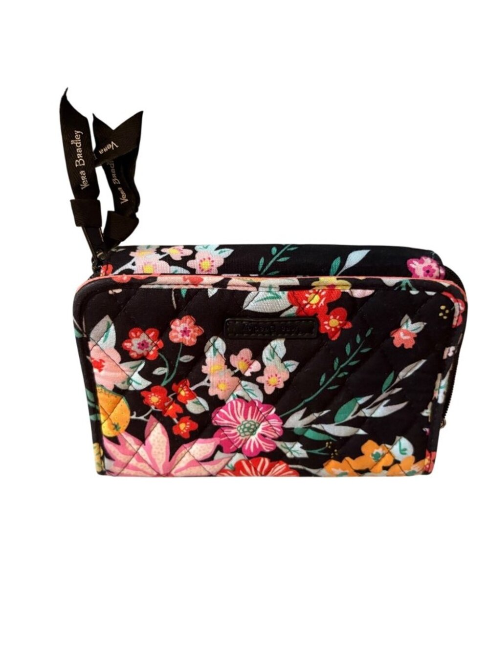 Vera Bradley Floral Quilted Wallet Black Wraparound Zip No Strap
